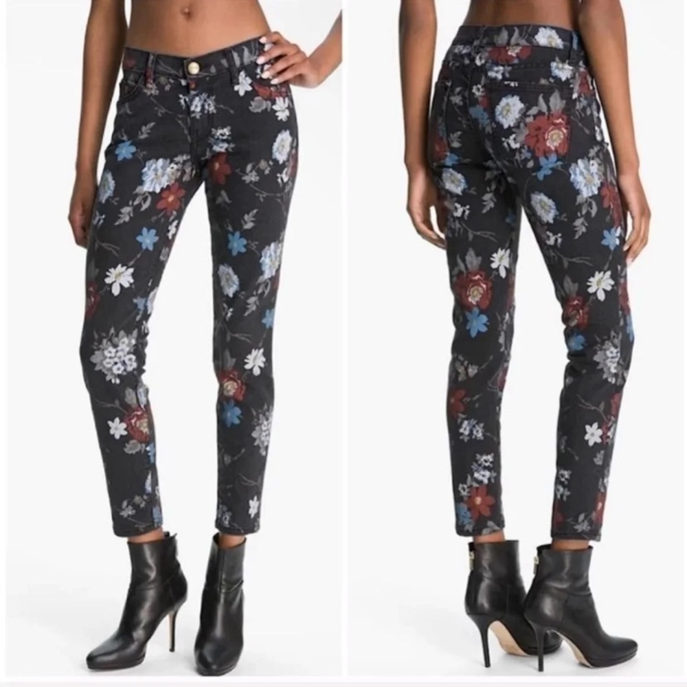 Current/Elliott Black Floral Skinny Stiletto Ankle Jeans Low Rise Size 24 XS
